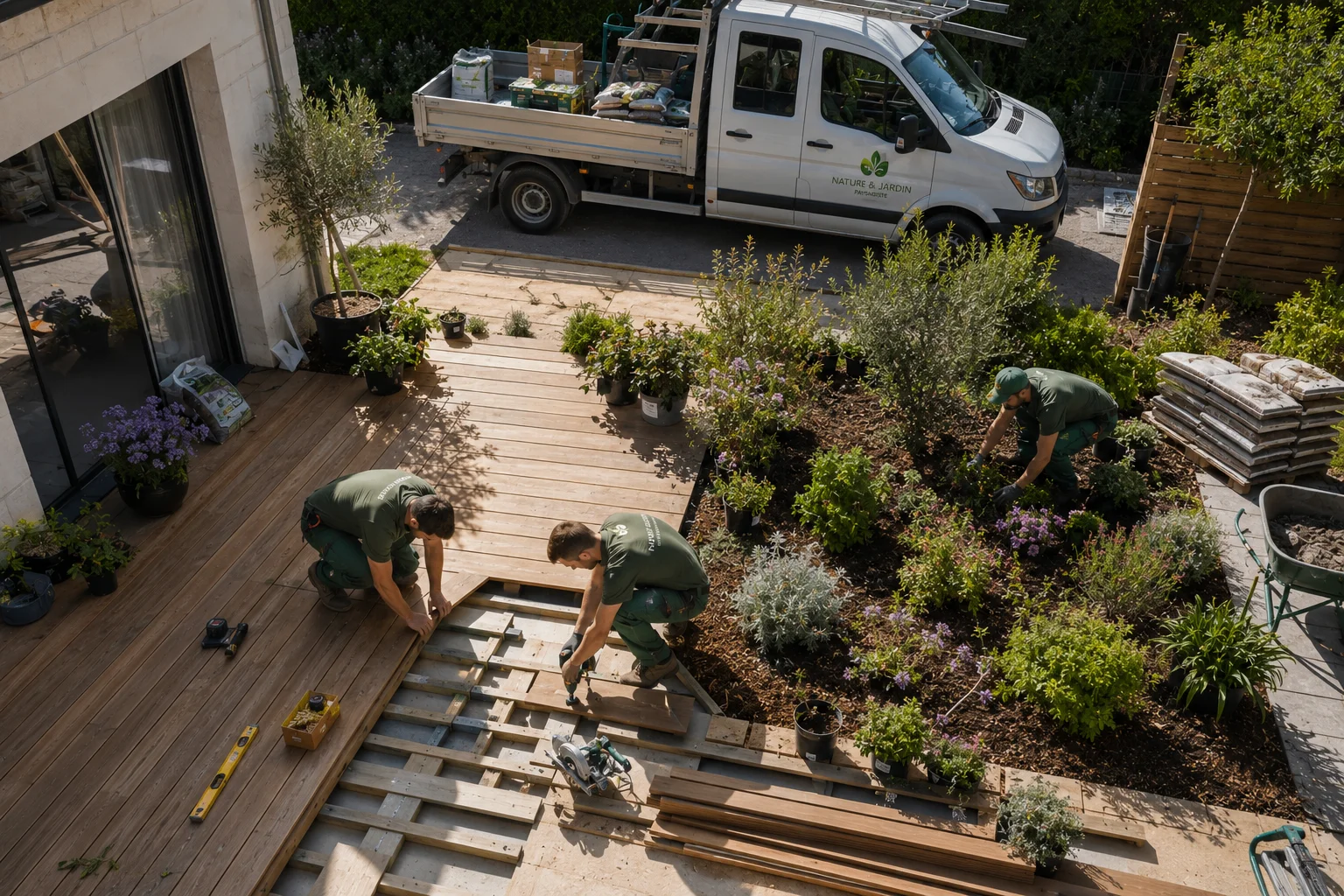 Allée minérale bordée d'oliviers et de buis taillés — réalisation paysagère